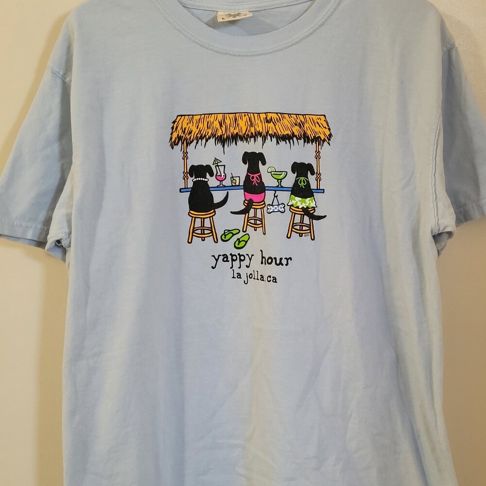 Cute Blue Comfort Colors Yappy Hour Funny Dog Tee Large